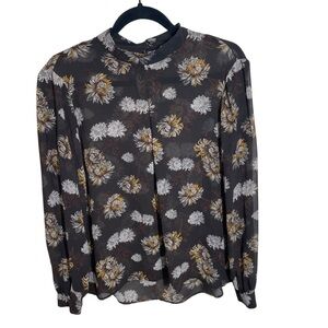Ro & De Sheer Brown Floral Mock Neck Long Sleeve Blouse Size Medium